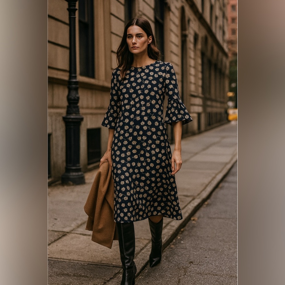 Ganni Navy Blue and White Floral Crepe Midi Dress with Bell Sleeves